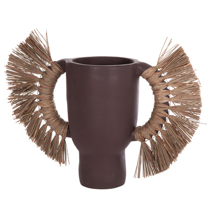 Decorative Table Vase Alica Hm4668.07l Terracota In Chocolate Color & Grass--64x22x38hcm.