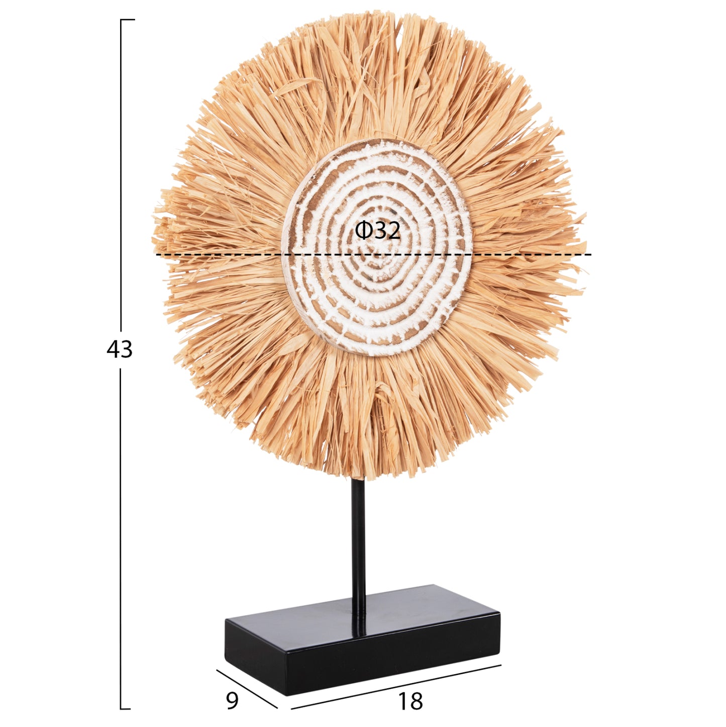 Table Decoration Hm4224 Raffia Fibers In Natural-black Wooden Base 18x9x43hcm.