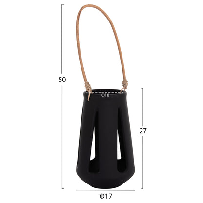Decorative Table Lantern Erantyl Hm4696.01l Black Fiber Cement & Rattan Handle Φ17x27hcm