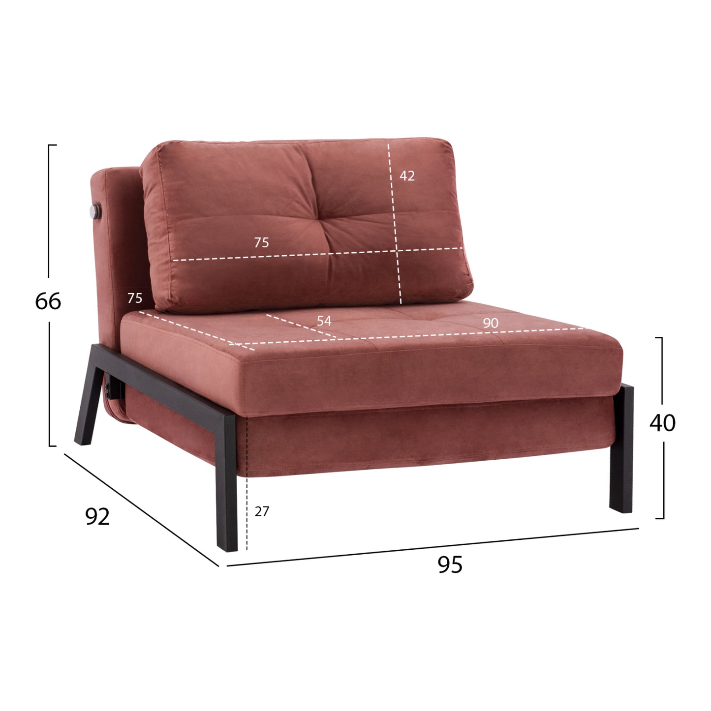 Hm3078.12 Armchair/bed Constance, Dusty Pink Velvet 95x92x66y Cm.