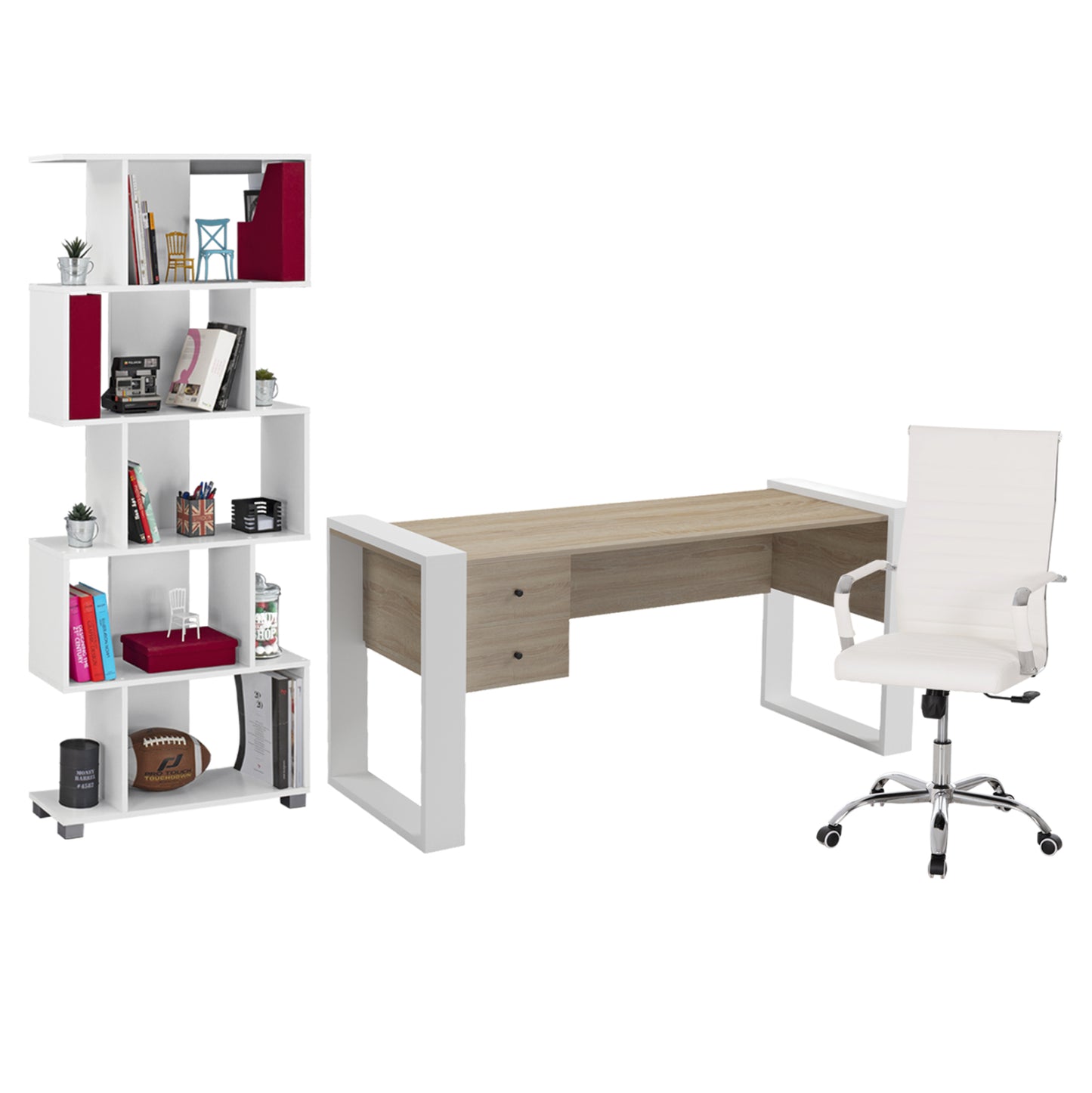 Student Set 3pcs Hm11206 Study Desk-bookcase-office Chair---white