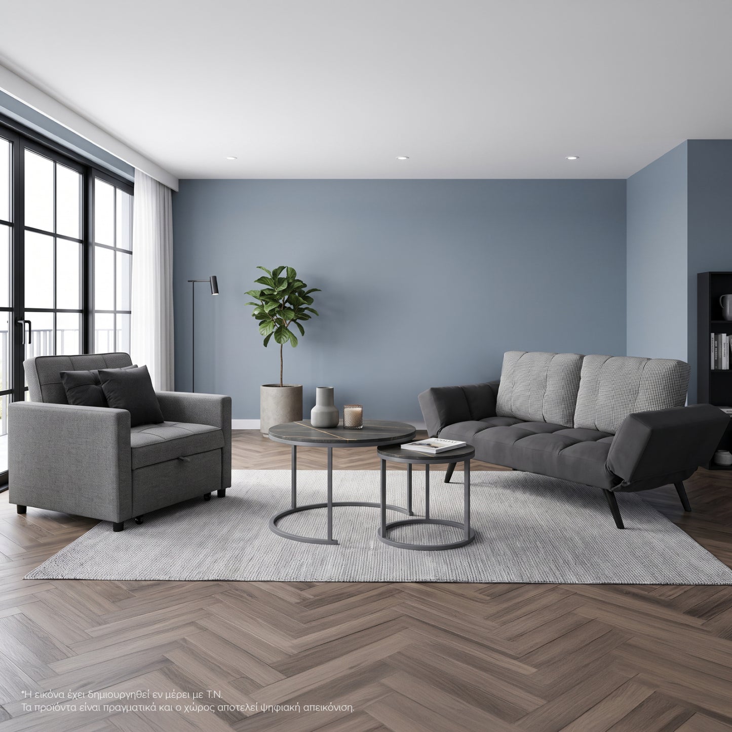 Student Living Room Set 3pcs Hm11385 Grey Fabric--mdf In Black Marble Color