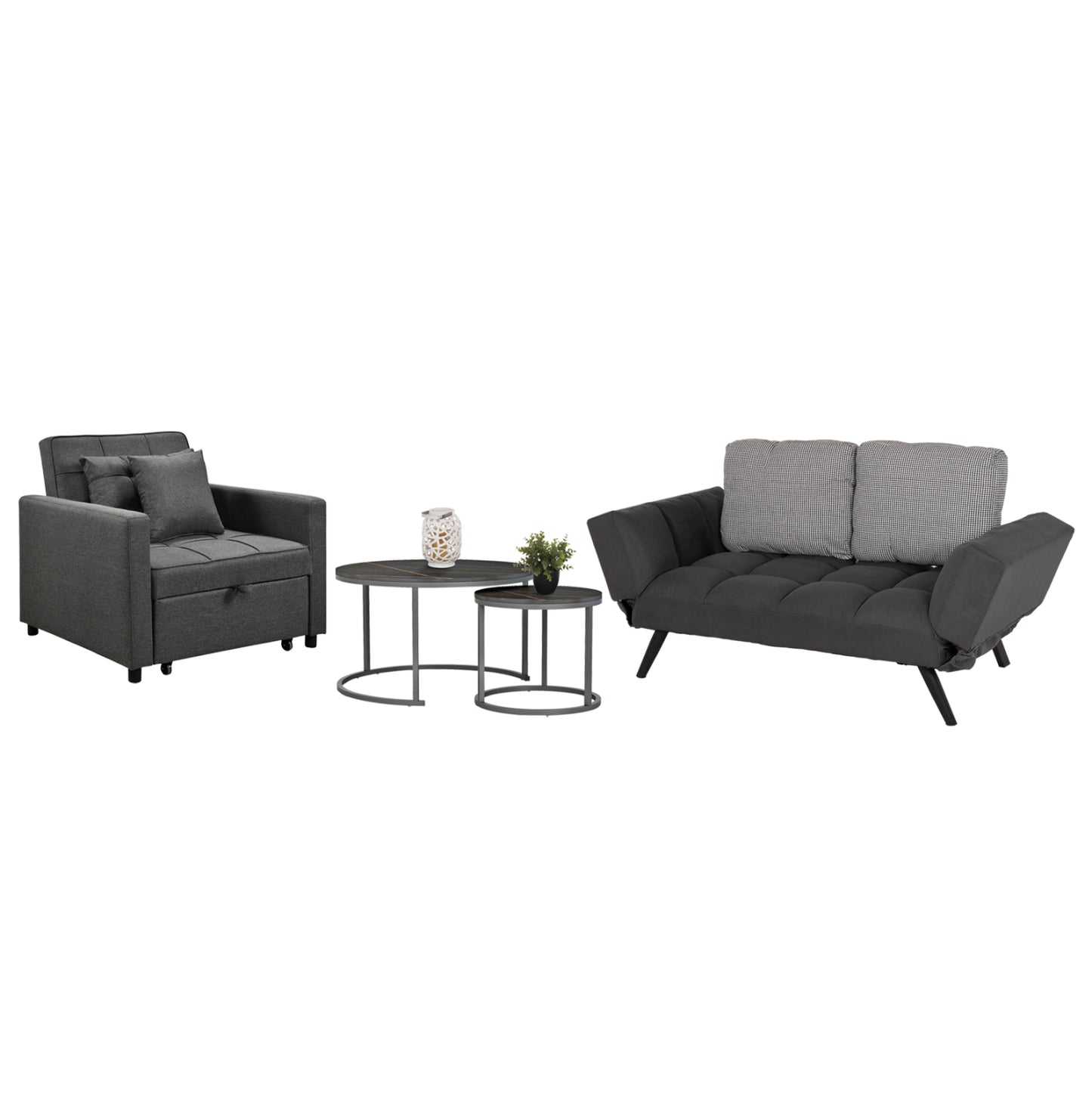 Student Living Room Set 3pcs Hm11385 Grey Fabric--mdf In Black Marble Color