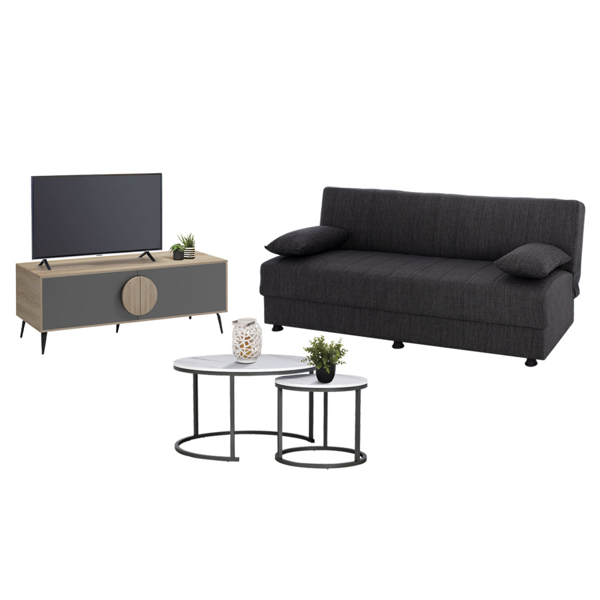 Student Living Room Set 3pcs Hm11387 Grey Fabric--melamine In Sonama/grey--mdf In White Marble