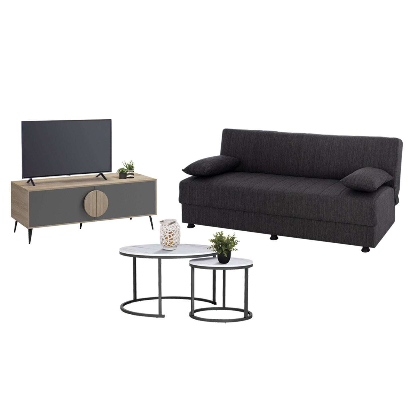 Student Living Room Set 3pcs Hm11387 Grey Fabric--melamine In Sonama/grey--mdf In White Marble