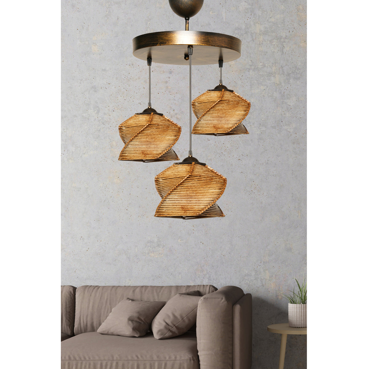 Ceiling Pendant 3-light Lamp Hm7493 Bamboo In Bronze Φ35x85hcm.