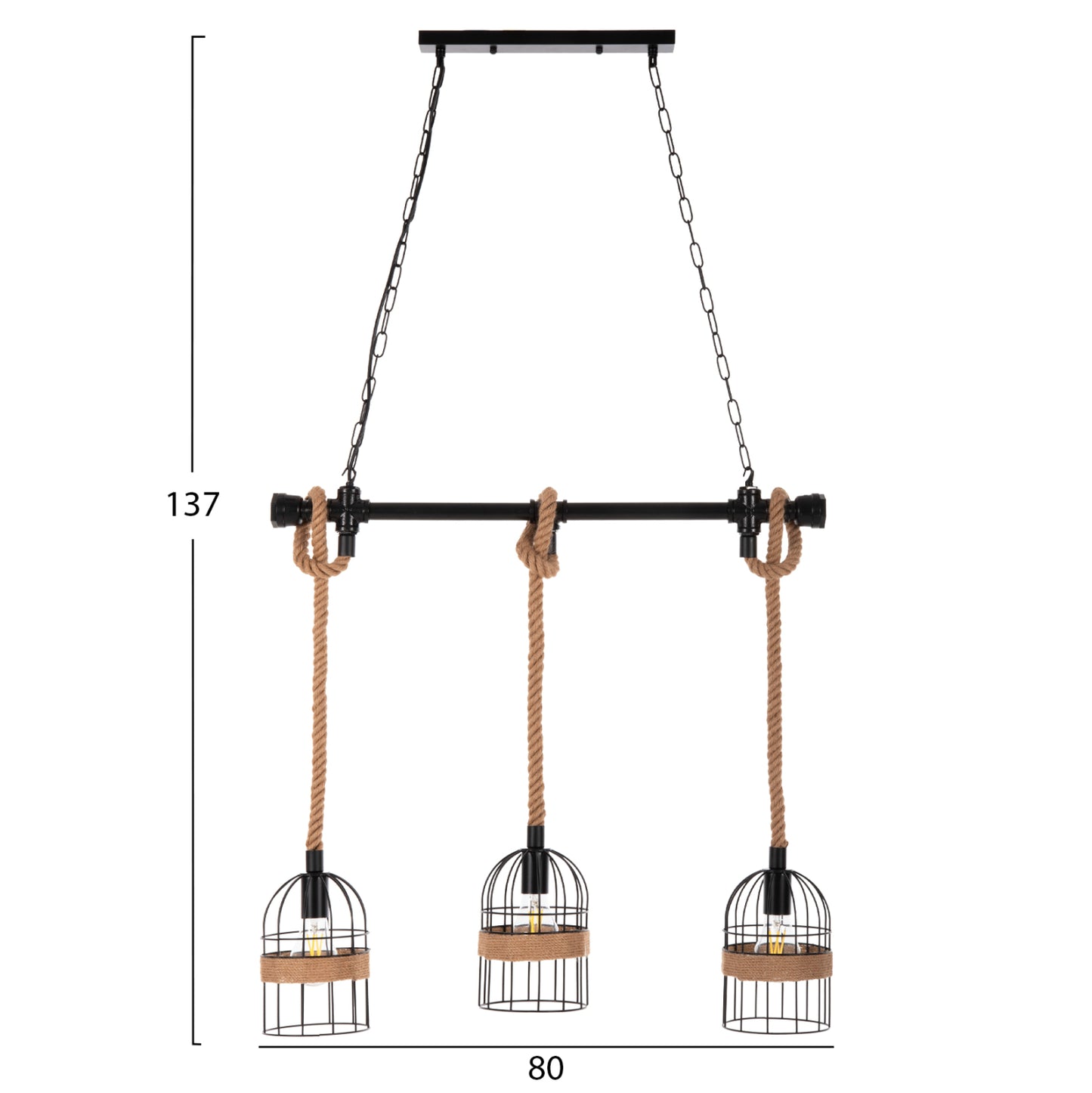 Ceiling Pendant 3-light Luminaire Hm4180 Black Metal-natural Hemp Rope 80x14,5x137hcm.