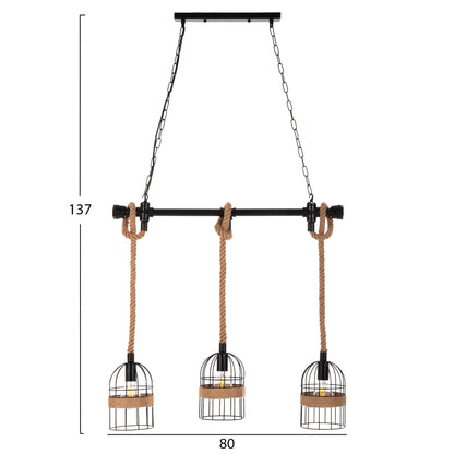 Ceiling Pendant 3-light Luminaire Hm4180 Black Metal-natural Hemp Rope 80x14,5x137hcm.