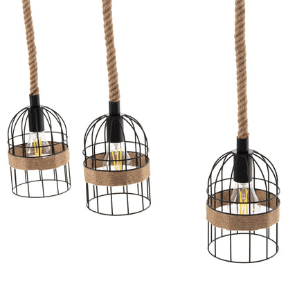 Ceiling Pendant 3-light Luminaire Hm4180 Black Metal-natural Hemp Rope 80x14,5x137hcm.
