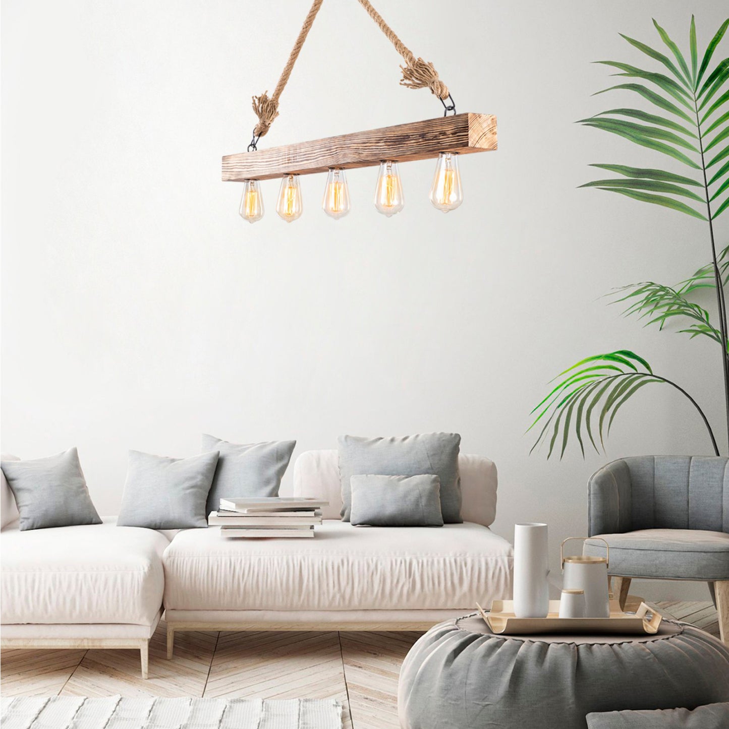Wooden Pendant Light With Rope Details Hm7263 100Χ7Χ53 Cm.