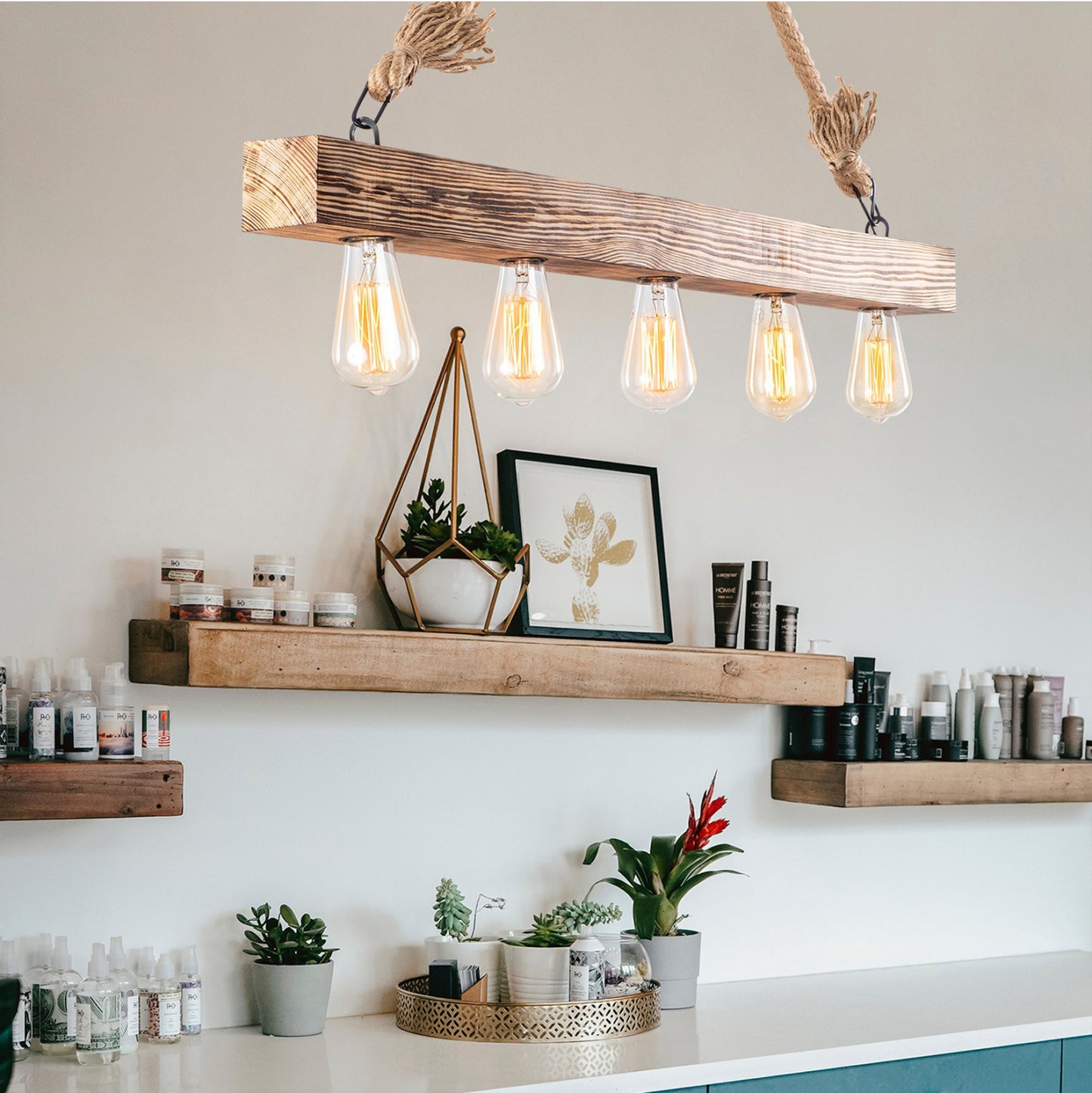 Wooden Pendant Light With Rope Details Hm7263 100Χ7Χ53 Cm.