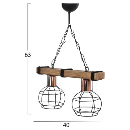 Ceiling Pendant 2-light With Wood And Metal Grids 40x16x63hcm.hm7681.01