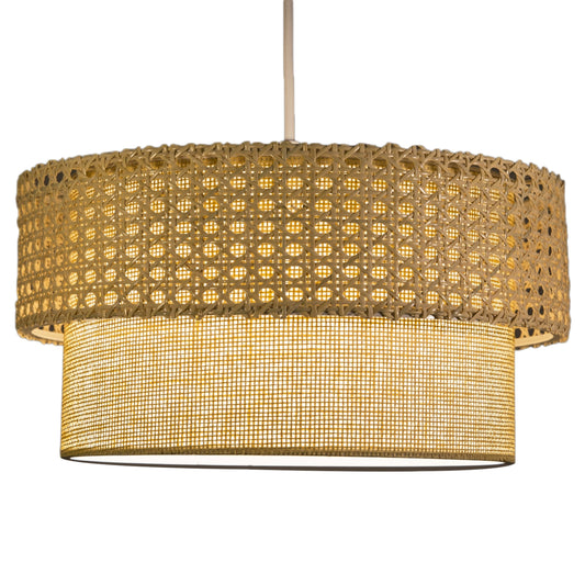 Pendant Ceiling Lamp Hm7629.01 Two-layer Drum-rattan And Fabric, Metal Frame