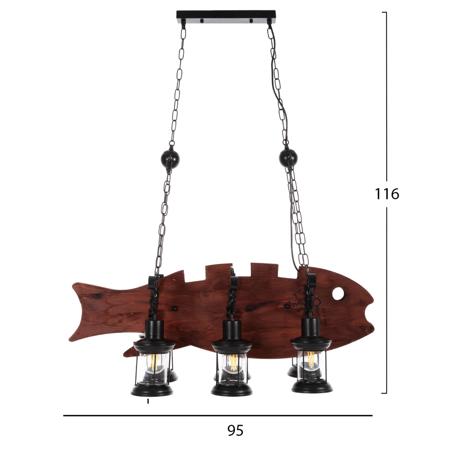 Ceiling Pendant 6-light Hm4118 Wooden Fish-black Metal-glass 95x35x116h Cm.