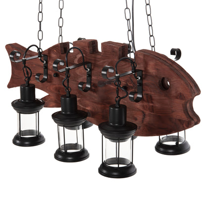 Ceiling Pendant 6-light Hm4118 Wooden Fish-black Metal-glass 95x35x116h Cm.