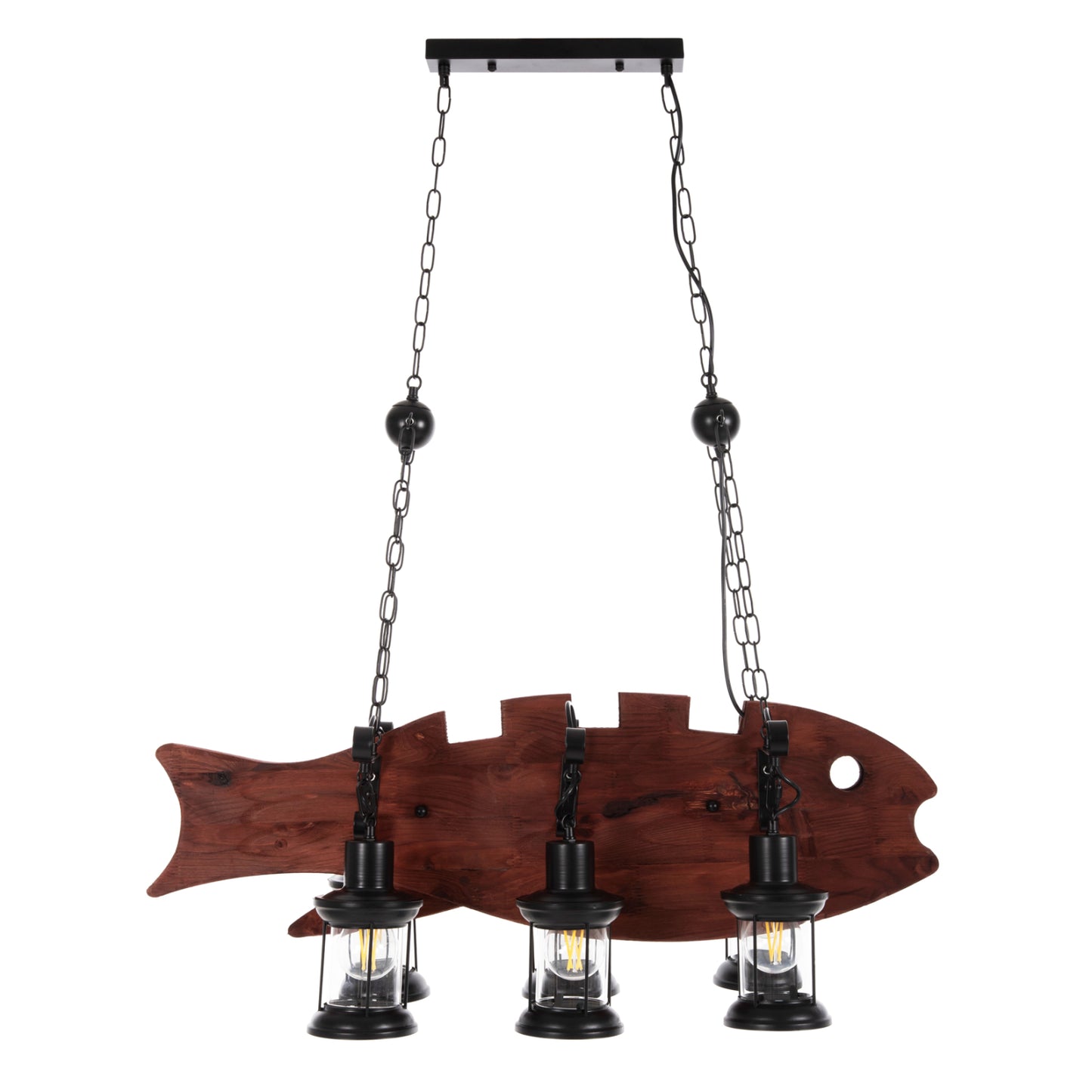 Ceiling Pendant 6-light Hm4118 Wooden Fish-black Metal-glass 95x35x116h Cm.