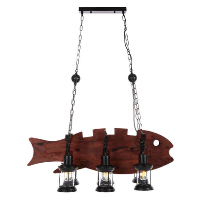 Ceiling Pendant 6-light Hm4118 Wooden Fish-black Metal-glass 95x35x116h Cm.