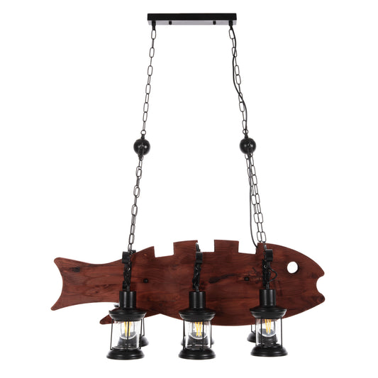 Ceiling Pendant 6-light Hm4118 Wooden Fish-black Metal-glass 95x35x116h Cm.