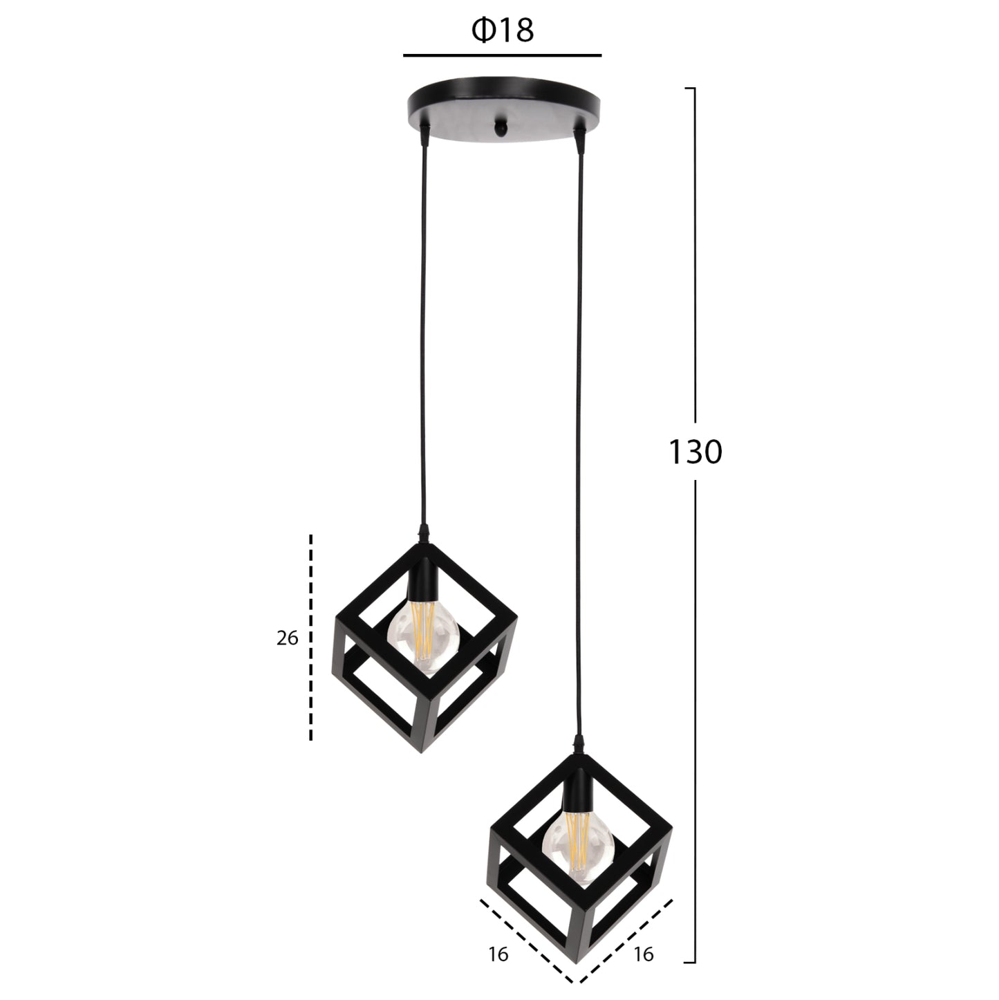 Ceiling Pendant Lamp Hm4035 2 Cubes Black Metal Φ18x130hcm.