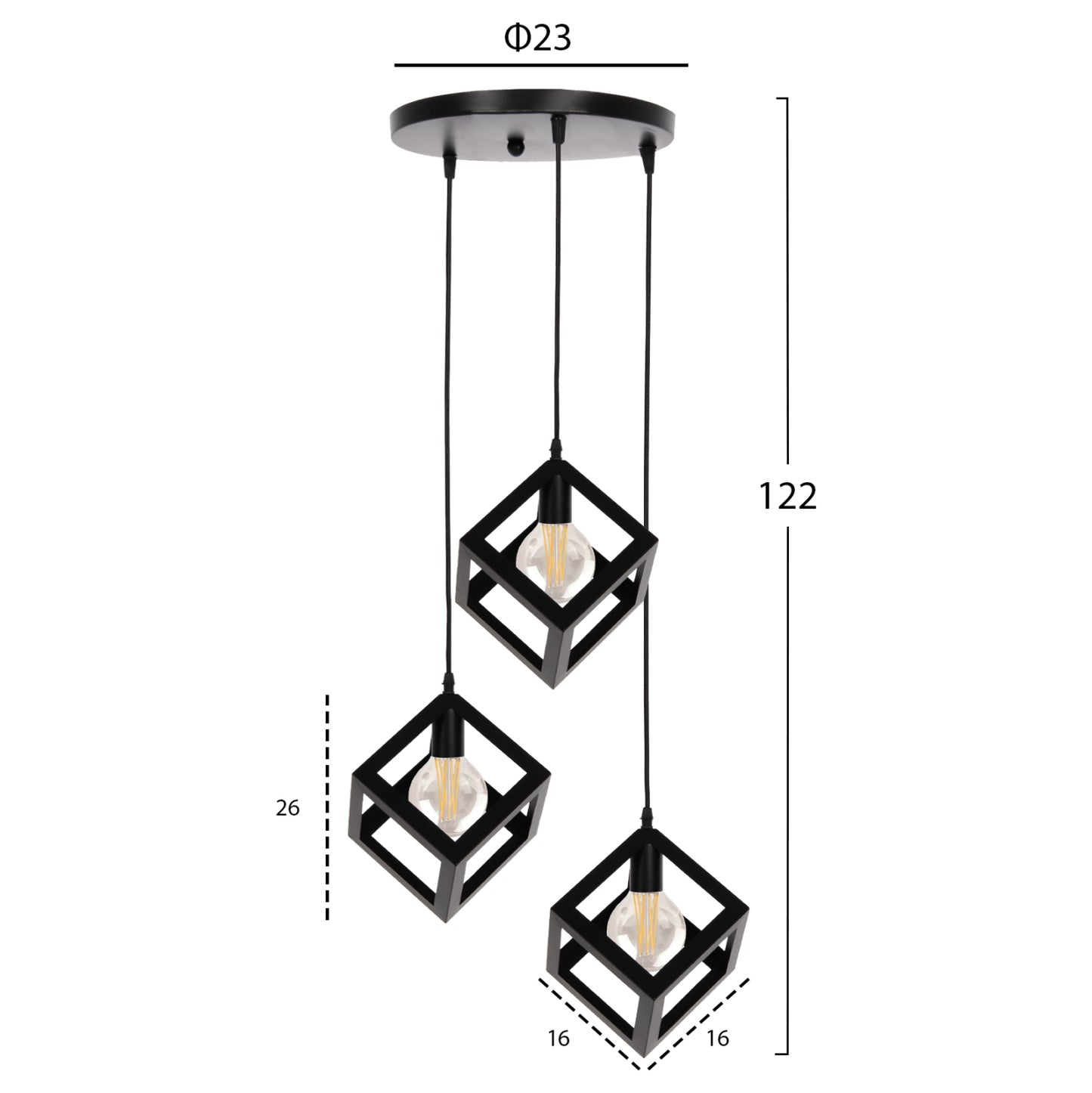Ceiling Pendant Lamp Hm4036 3 Cubes Black Metal Φ23x122hcm.