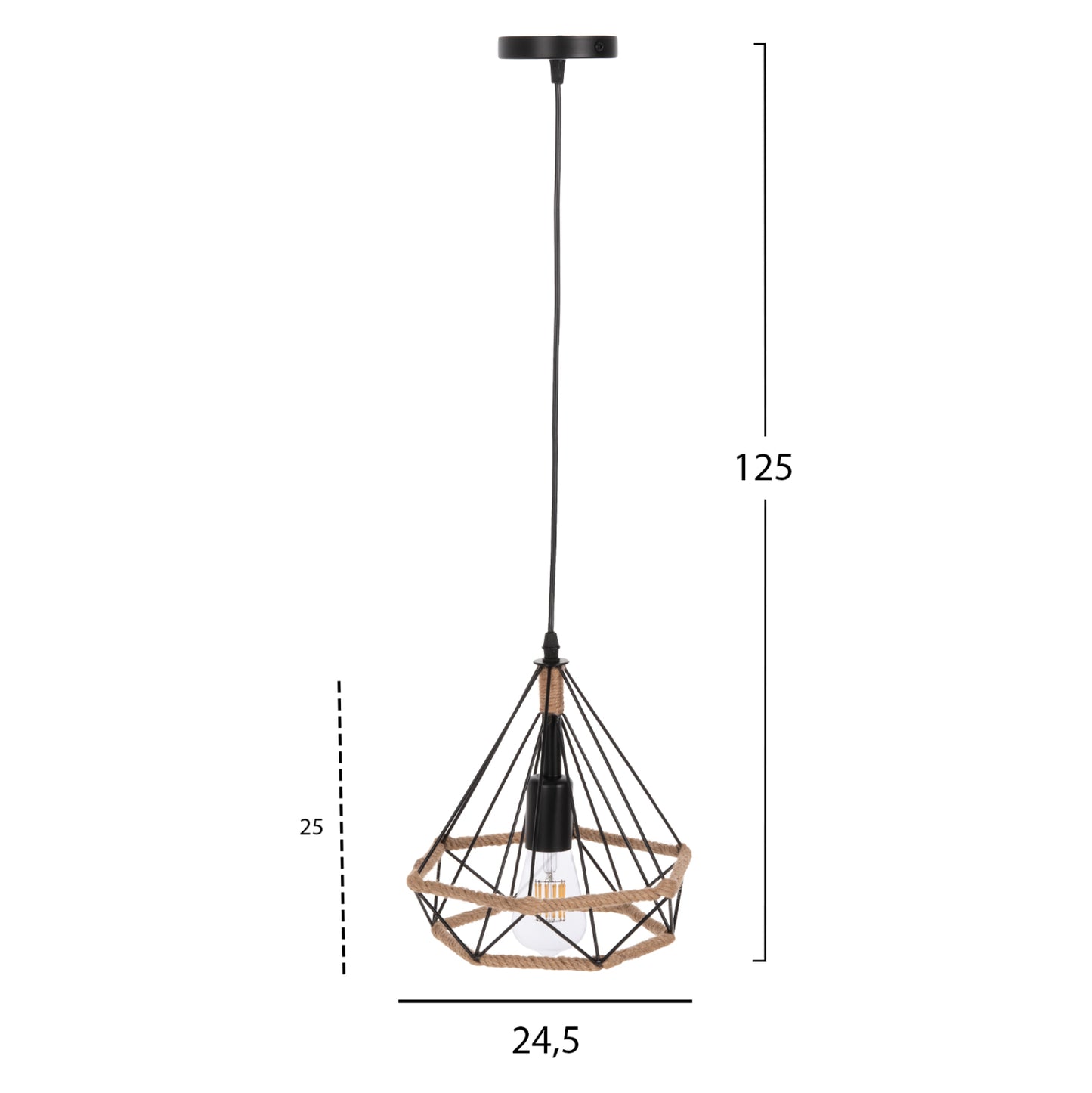 Ceiling Pendant Lamp Hm4061 Black Metal-rope 24,5x21,5x125hcm.