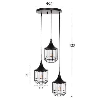 Ceiling Pendant Lamp Hm4084 3-light Black Metal-glass Φ14x123hcm.
