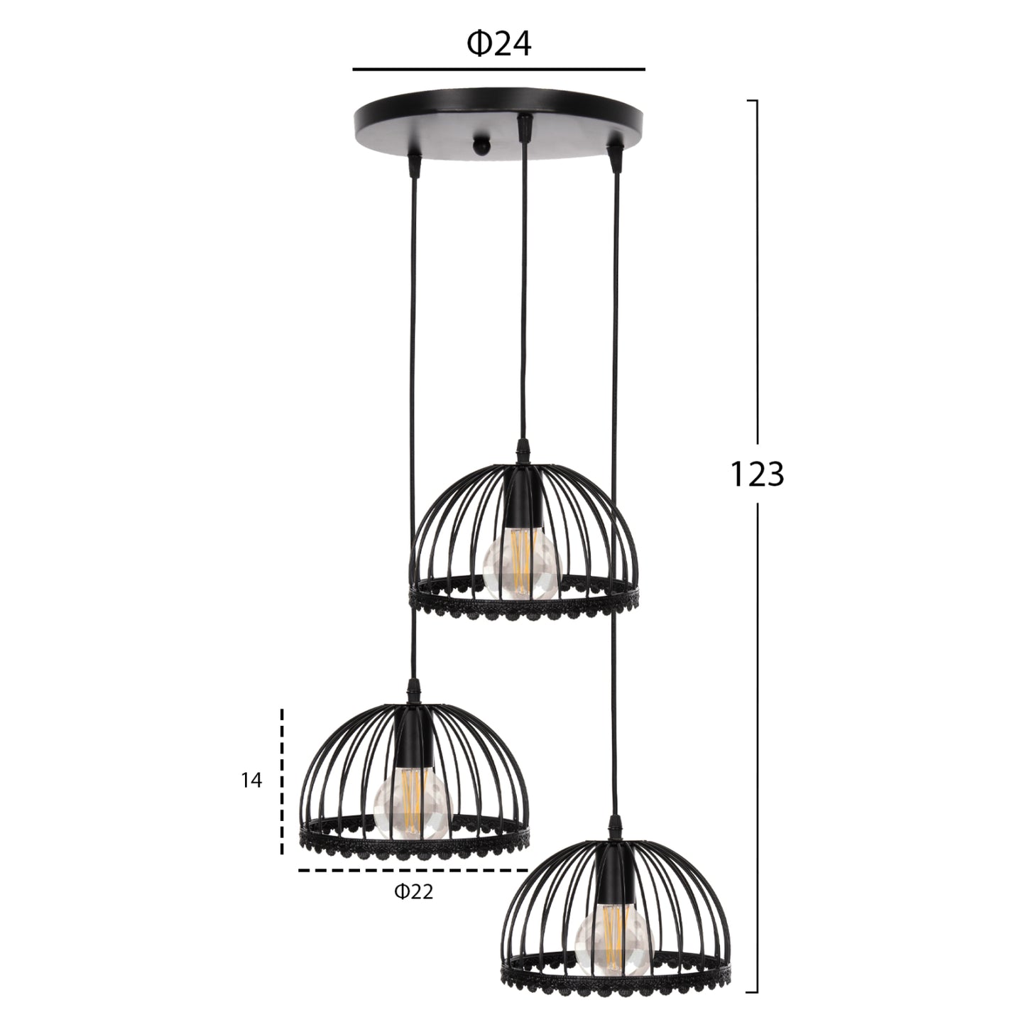Ceiling Pendant Lamp Hm4086 3-light Black Metal Caps Like Umbrellas Φ22x123hcm.