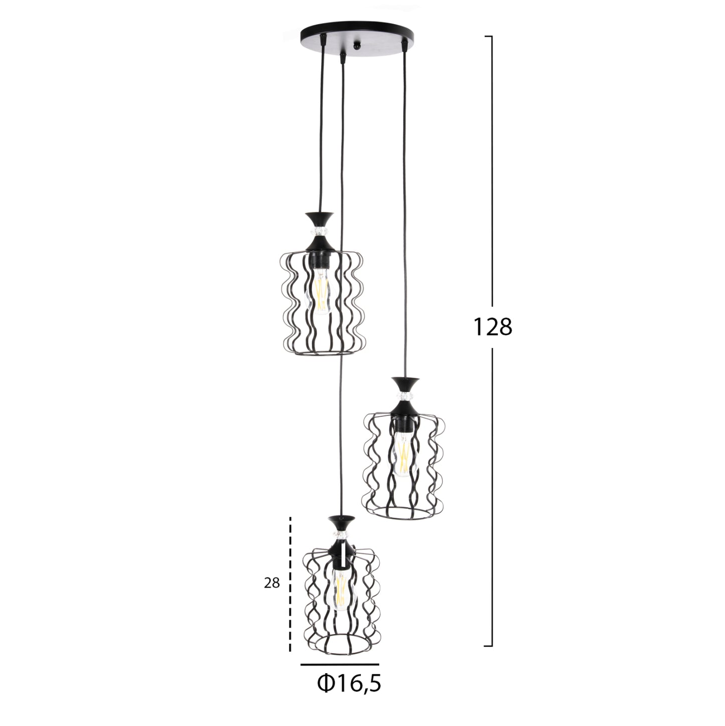 Ceiling Pendant Luminaire Hm4089 3-light Black Metal Caps Φ34x128hcm.