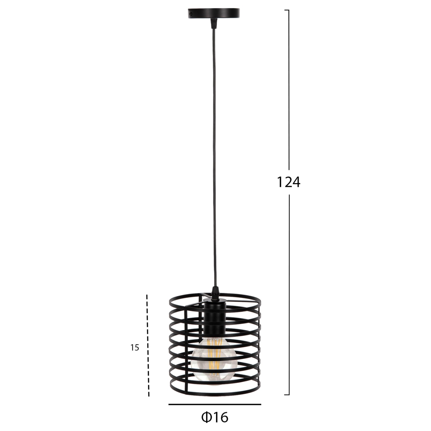 Ceiling Pendant Lamp Hm4090 Black Cylindrical Metal Cap Φ16x124hcm.