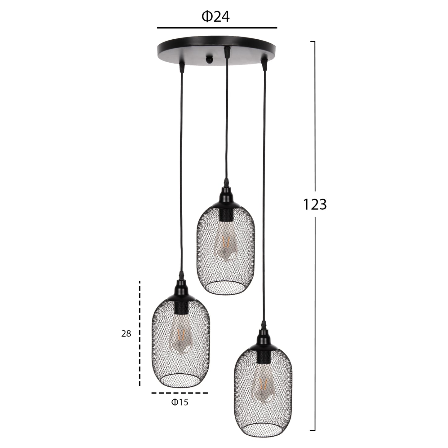 Ceiling Pendant Lamp Hm4104 3-light Black Metal Mesh Caps Φ24x123hcm.