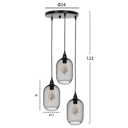 Ceiling Pendant Lamp Hm4104 3-light Black Metal Mesh Caps Φ24x123hcm.