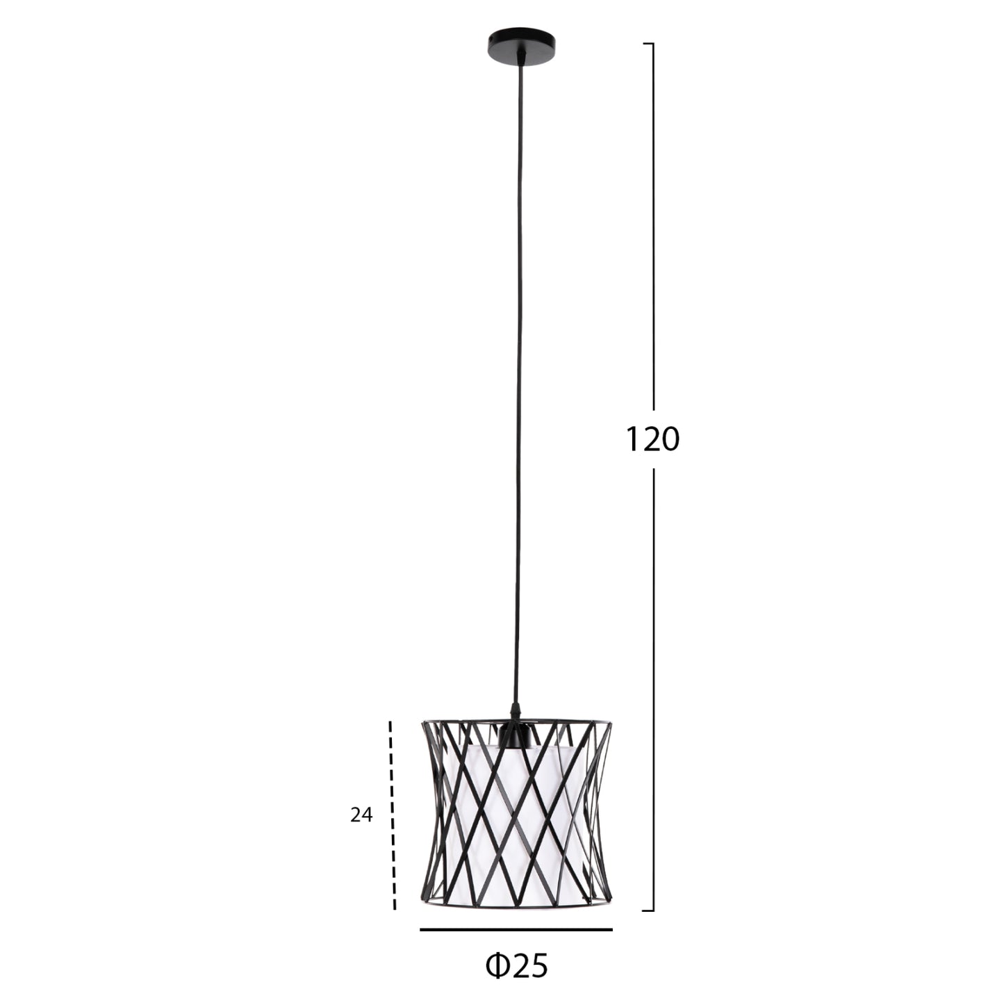 Ceiling Pendant Luminaire Hm4106 Black Metal-white Synthetic Fabric Φ25x120hcm.