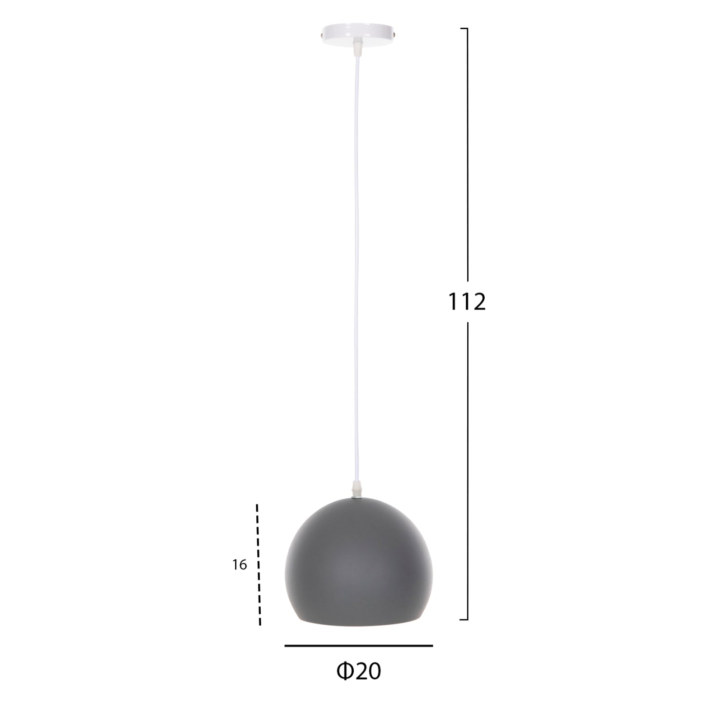 Ceiling Pendant Luminaire Hm4109 Grey Spherical Cap-white Cable Φ20x112hcm.