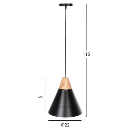 Ceiling Pendant Luminaire Hm4148 Black Metal Cap-wood Detail Φ22x115hcm.