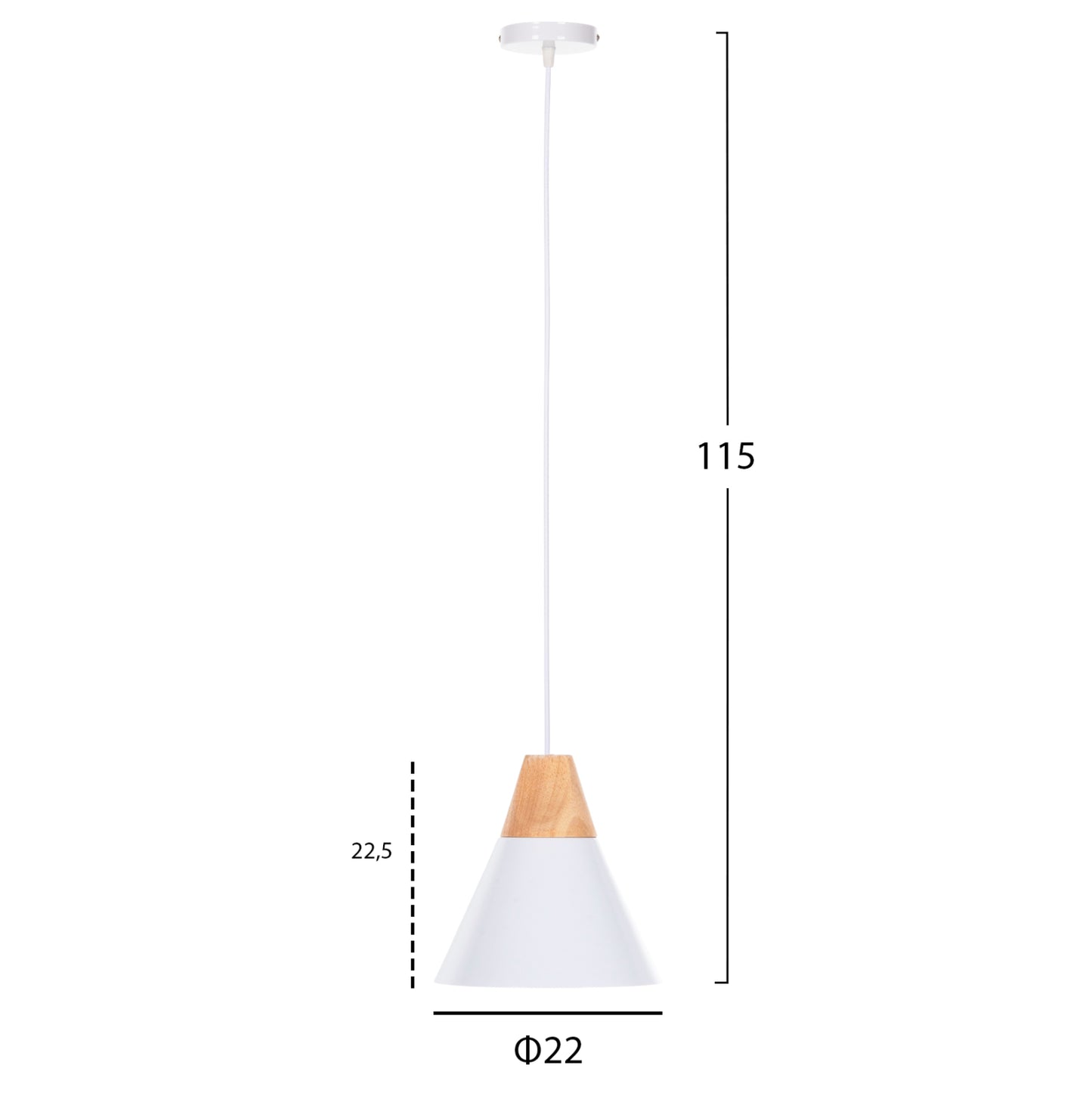 Ceiling Pendant Luminaire Hm4149 White Metal Cap-wood Detail Φ22x115hcm.