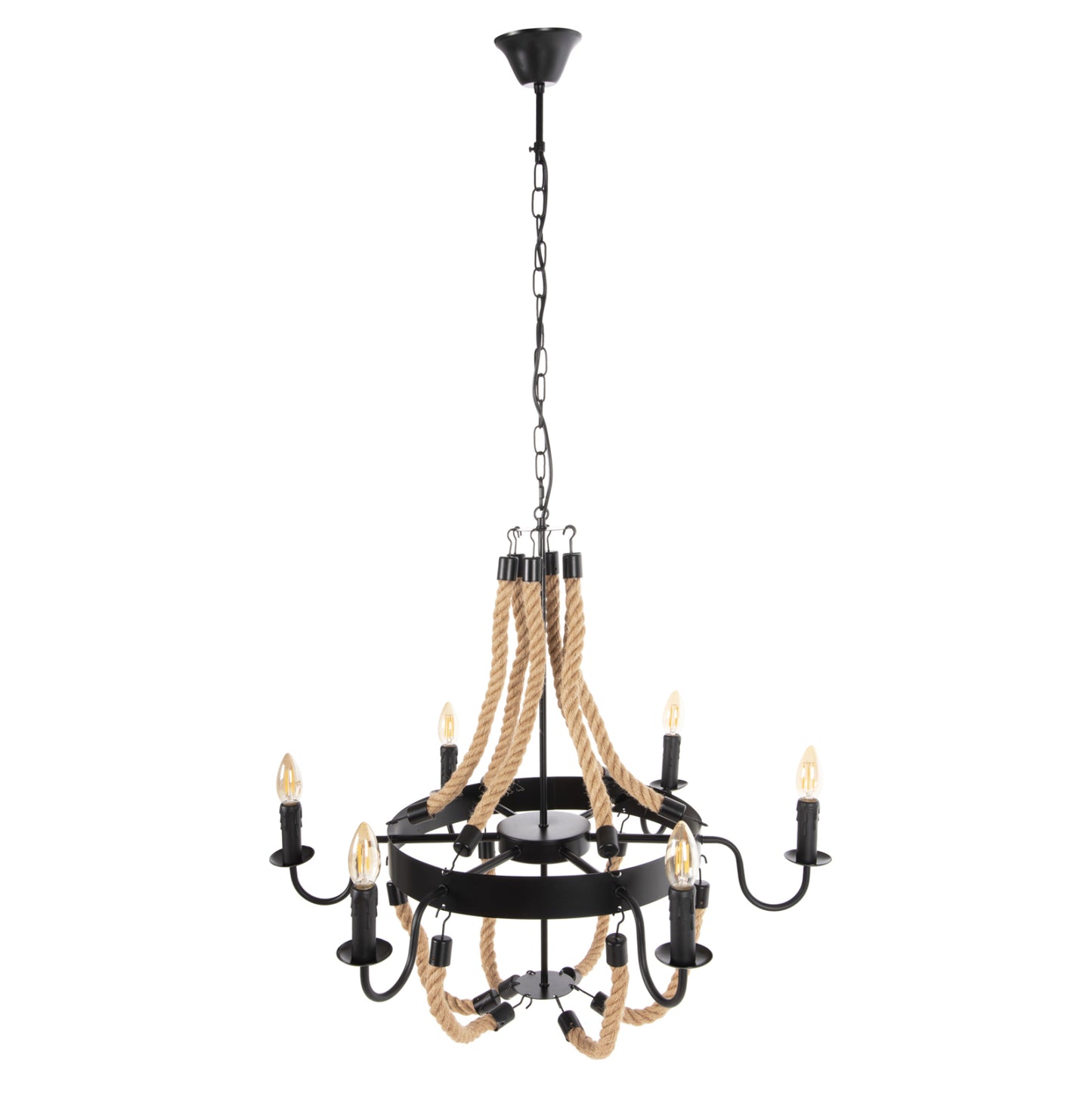 Ceiling Pendant Fixture Hm4177 6-light With Rope And Black Metal 74x74x123hcm.