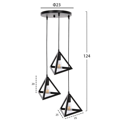 Ceiling Pendant Lamp Hm4182 3 Black Metal Caps Pyramid Φ23x124hcm.
