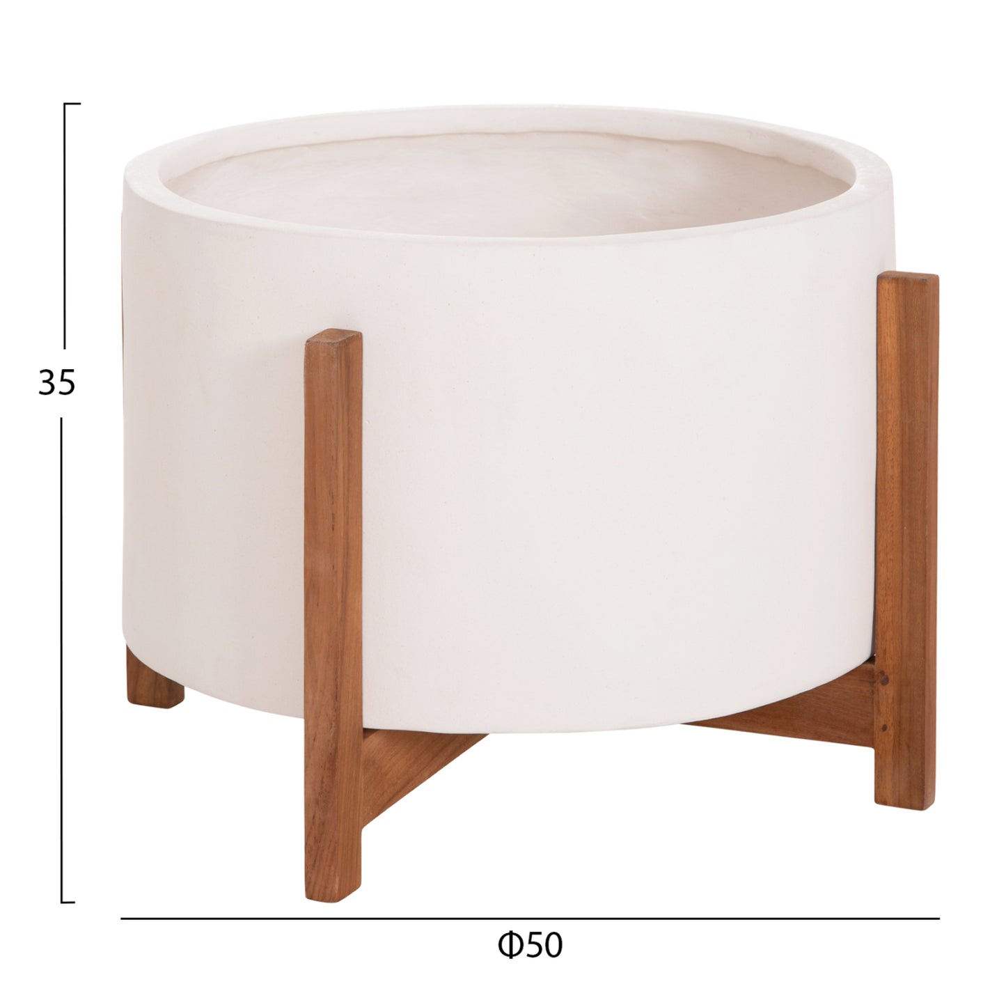 Indoor Pot Hoff Hm4682.02l Fiber Cement In White Color--teak Base Φ50x35hcm
