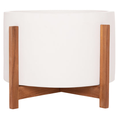 Indoor Pot Hoff Hm4682.02l Fiber Cement In White Color--teak Base Φ50x35hcm