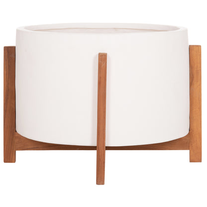 Indoor Pot Hoff Hm4682.02l Fiber Cement In White Color--teak Base Φ50x35hcm