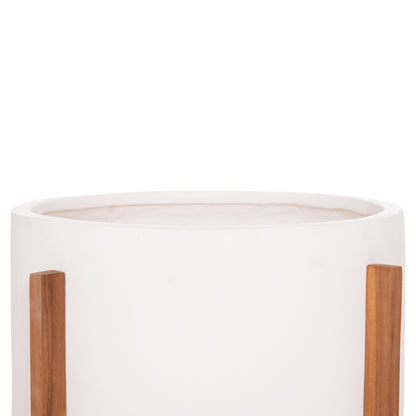 Indoor Pot Hoff Hm4682.02l Fiber Cement In White Color--teak Base Φ50x35hcm