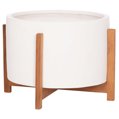 Indoor Pot Hoff Hm4682.02l Fiber Cement In White Color--teak Base Φ50x35hcm