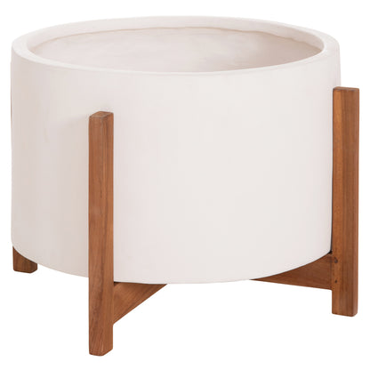 Indoor Pot Hoff Hm4682.02l Fiber Cement In White Color--teak Base Φ50x35hcm
