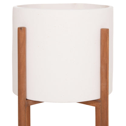 Indoor Pot Rentil Hm4684.02l Fiber Cement In White Color--teak Base Φ27x66hcm