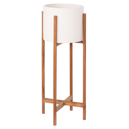 Indoor Pot Rentil Hm4684.02l Fiber Cement In White Color--teak Base Φ27x66hcm