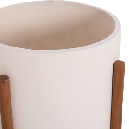 Indoor Pot Rentil Hm4684.02l Fiber Cement In White Color--teak Base Φ27x66hcm