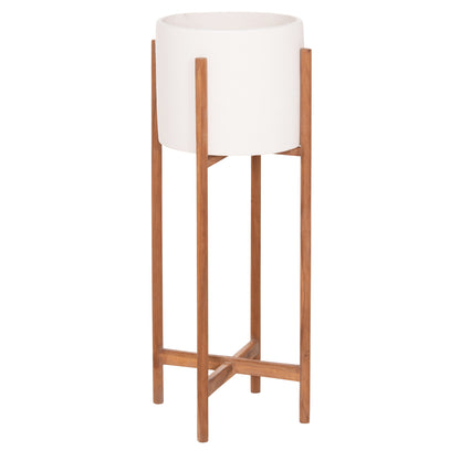 Indoor Pot Rentil Hm4684.02l Fiber Cement In White Color--teak Base Φ27x66hcm