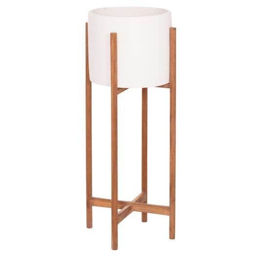 Indoor Pot Rentil Hm4684.02l Fiber Cement In White Color--teak Base Φ27x66hcm