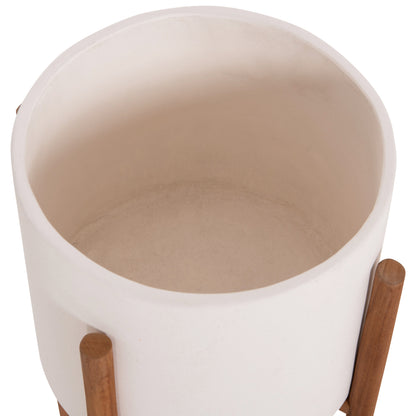 Indoor Pot Rentil Hm4684.02s Fiber Cement In White Color--teak Base Φ27x56hcm