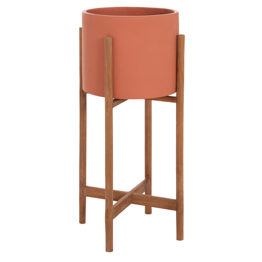 Indoor Pot Rentil Hm4684.08s Fiber Cement In Terracotta Color--teak Base Φ27x56hcm
